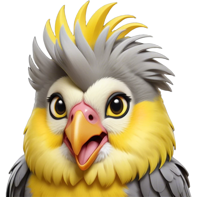 Cinematic Comical Cockatiel Portrait Emoji, Head tilted dramatically with an exaggeratedly amused expression, featuring a striking grey fur with bold yellow accents and a flamboyant crest, wide, expressive dark eyes filled with playful disbelief, Simplified yet hilariously expressive features, highly detailed, glowing with a slightly sassy glow, high shine, dramatic yet playful, stylized with an air of cheeky mischief, bright and endearing, soft glowing outline, capturing the essence of a spirited and over-the-top cockatiel, so meme-worthy it feels like it could side-eye its way into internet fame instantly! emoji
