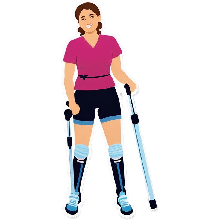 40 year old woman with brace on right knee and crutches emoji