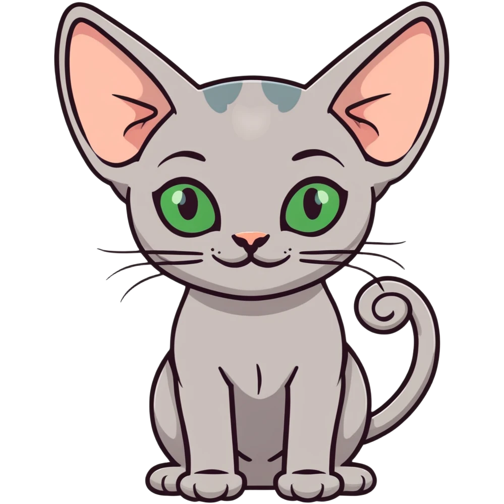 gray hairless Sphynx cat with green eyes, smiling emoji