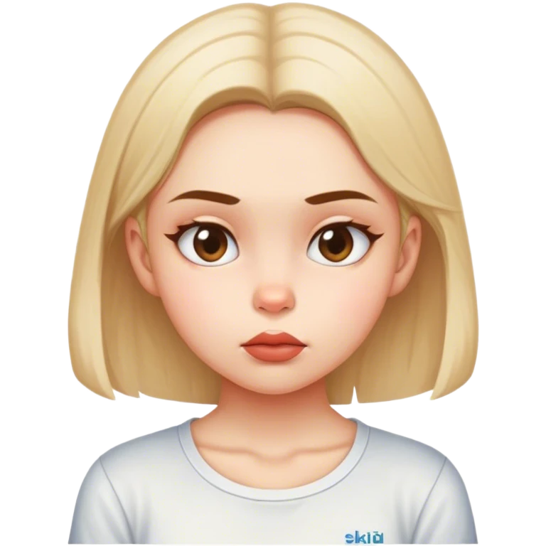 girl wearing shirt that says ''skibidi mew'' while sucking in cheeks reveling cheekbones  emoji