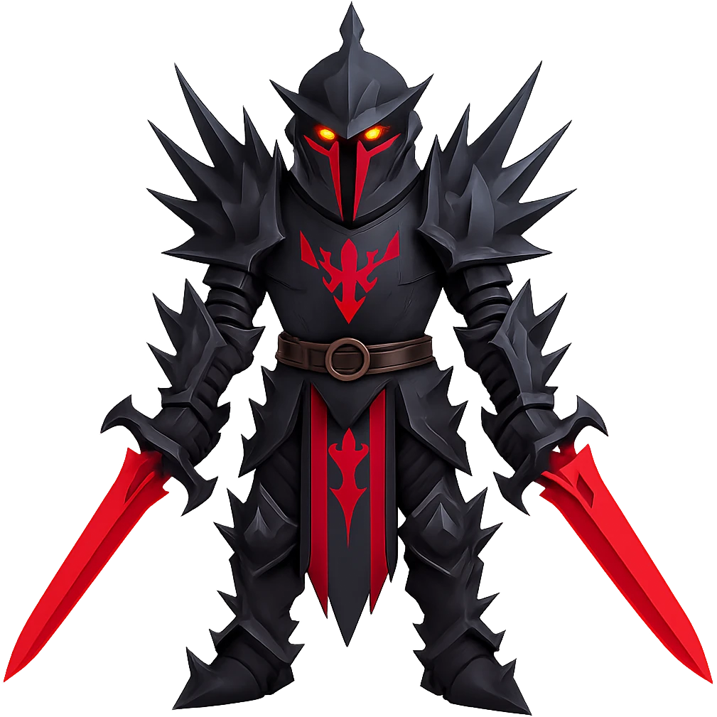 Make the knight's black armour spikey, keep glowing red eyes, dramatic and bold style, no background. emoji