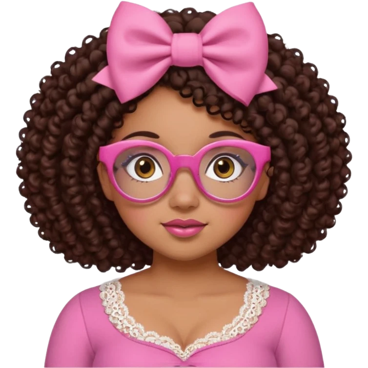 medium skinned afro-latina girl with medium length chocolate brown side part curly hair, brown eyes, pink sweetheart necklined top with lace, round wide-ish nose, chubby long shaped face, pink bow, brown glasses emoji