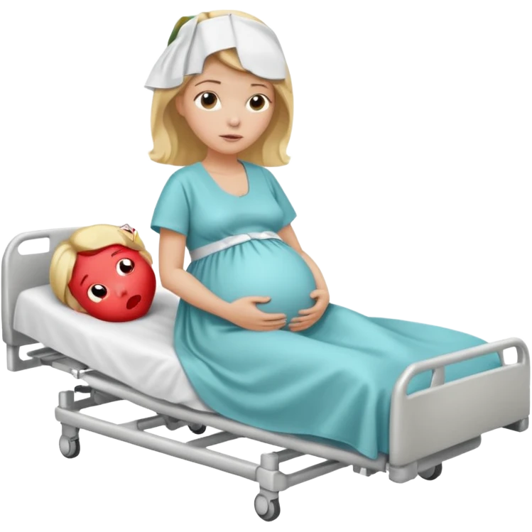 One blonde Pregnant woman in hospital bed with legs elevated unhappy emoji