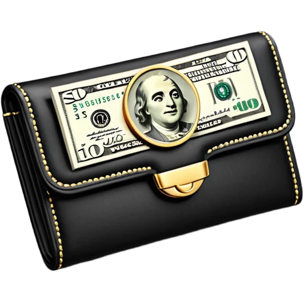 Rich emoji style black leather wallet with dollar bills, luxury money vibe, premium 3D emoji, ultra clean, high detail, no background emoji