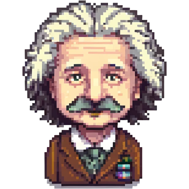 pixel art of Albert Einstein with recognizable wild hair, mustache, and thoughtful expression emoji