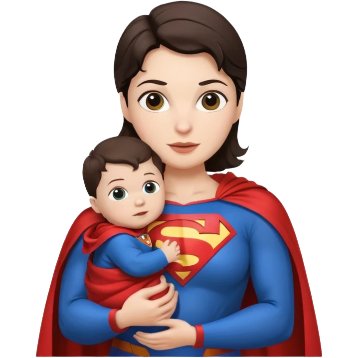 mother white skin brunette dressed as Superman with a cape holding a baby emoji