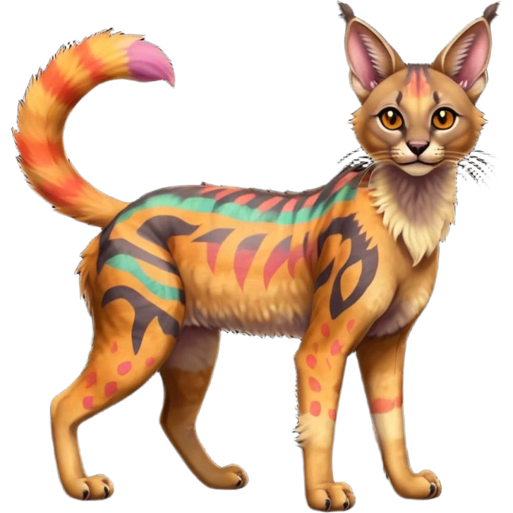 A Colorful iridescent exotic tropical tribal cute happy realistic esoteric patterned fluffy furry dark caracal-Lykoi-bobcat-sphynx-genet-civet-Fakémon-fursona-hybrid-fusion-animal-creature, full body, 4-legged emoji