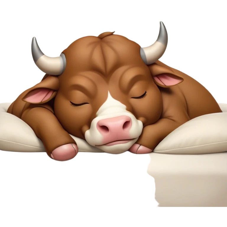 meme-worthy-cute-sleeping-domestic-bull-portrait-emoji,-head-resting-peacefully-with-a-contented-smile,-showcasing-a-robust,-muscular-build-and-a-luxuriously-soft-coat,-eyes-gently-closed-in-serene,-restful-slumber,-simplified,-solid-brown emoji