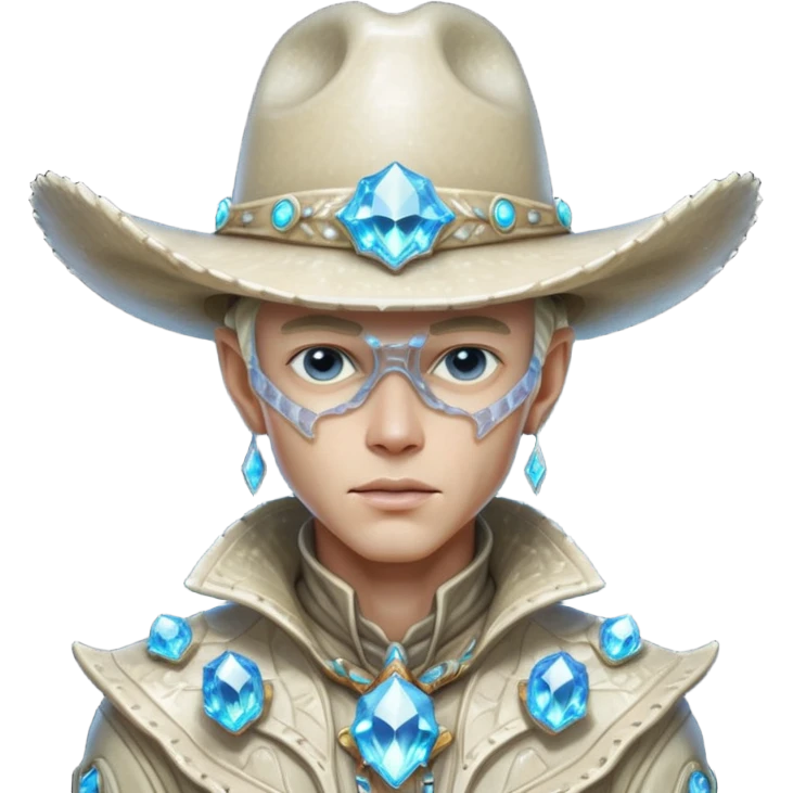 Portrait of a crystalline alien cowboy, face made of sharp translucent crystal structures, light refracting through edges, elegant cowboy hat carved from alien mineral, dramatic rim lighting, ultra detailed fantasy sci-fi portrait
 emoji