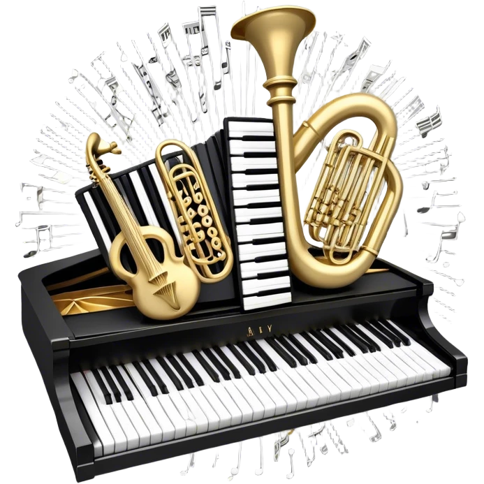 Create an elegant and festive emoji collage representing keyboard instruments, styled like a heraldic emblem. The design should feature a central focal point of black and white piano keys, arranged in a semi-circular or shield-like shape. Around the piano keys, add intertwining musical notes that form flowing ribbons, creating a dynamic and celebratory atmosphere. The design should be professional, with polished silver and gold accents on the keys and notes, highlighting the luxury and sophistication of the instruments. Add subtle shading and lighting effects to give the design a refined, 3D appearance. The background should remain transparent, and the overall feel should evoke grandeur, artistry, and a sense of celebration. emoji