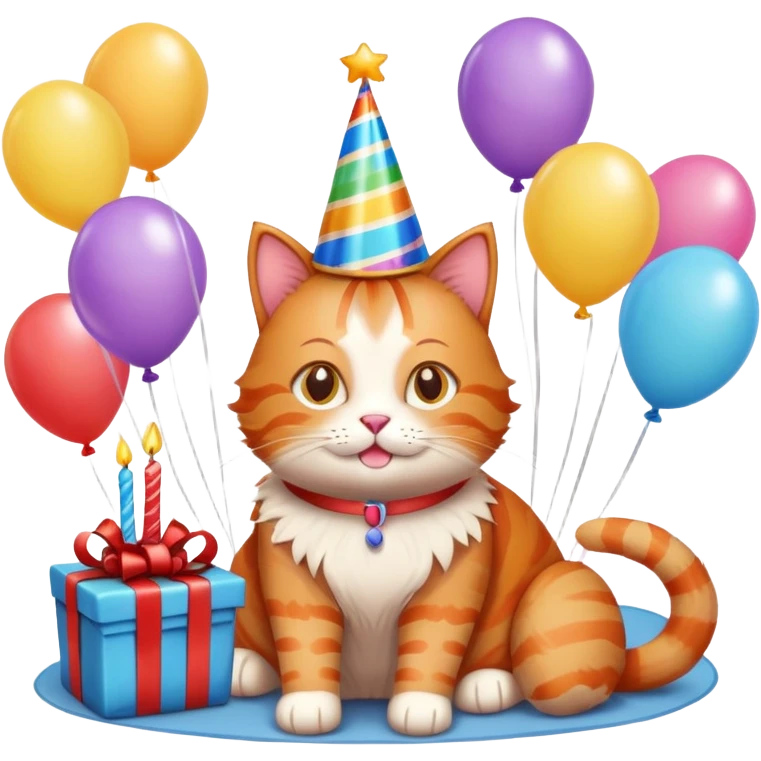 Ginger cat celebrates birthday, birthday hat, birthday cake, balloons, happy, gifts emoji