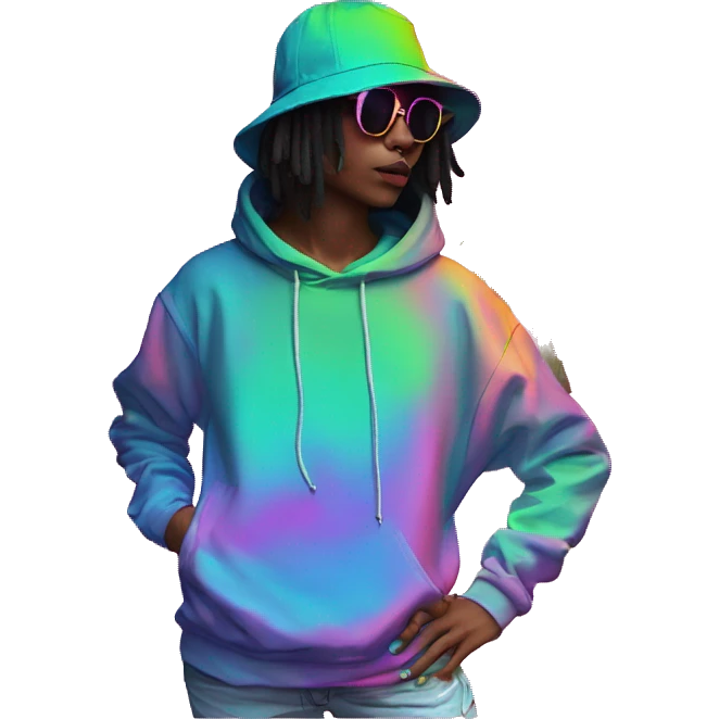 Multicoloured neon person smoking wearing hoodie dancing hip hop bucket hat tropical Skater fashion aesthetic baggy clothes graphic t shirt 420 emoji