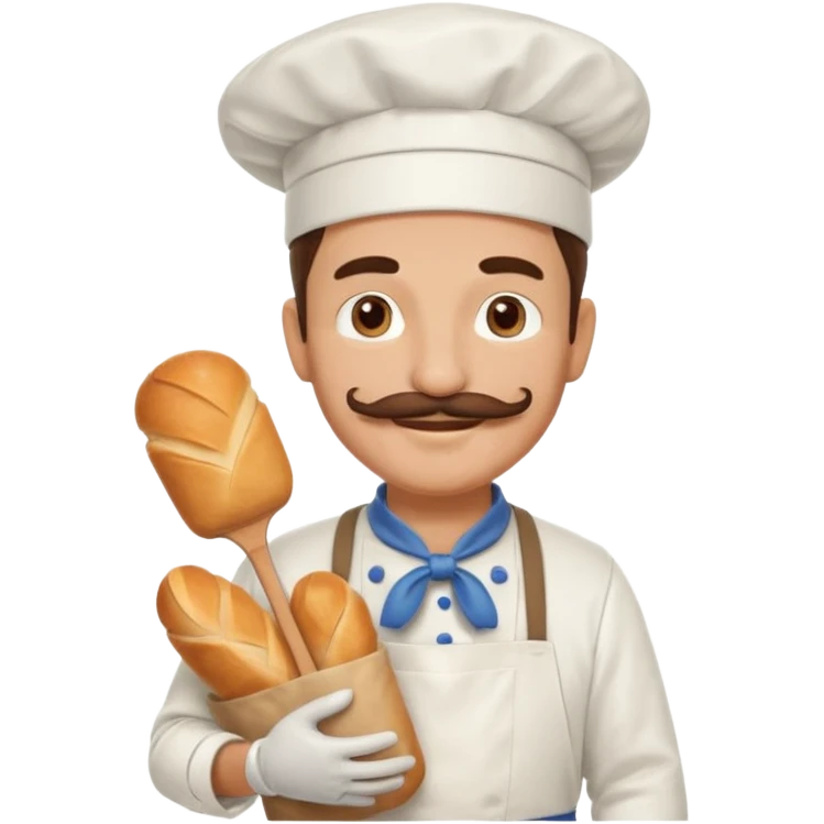 Middle aged male pastry chef - with a mustache, apron, white hat, holding a bag of bread emoji