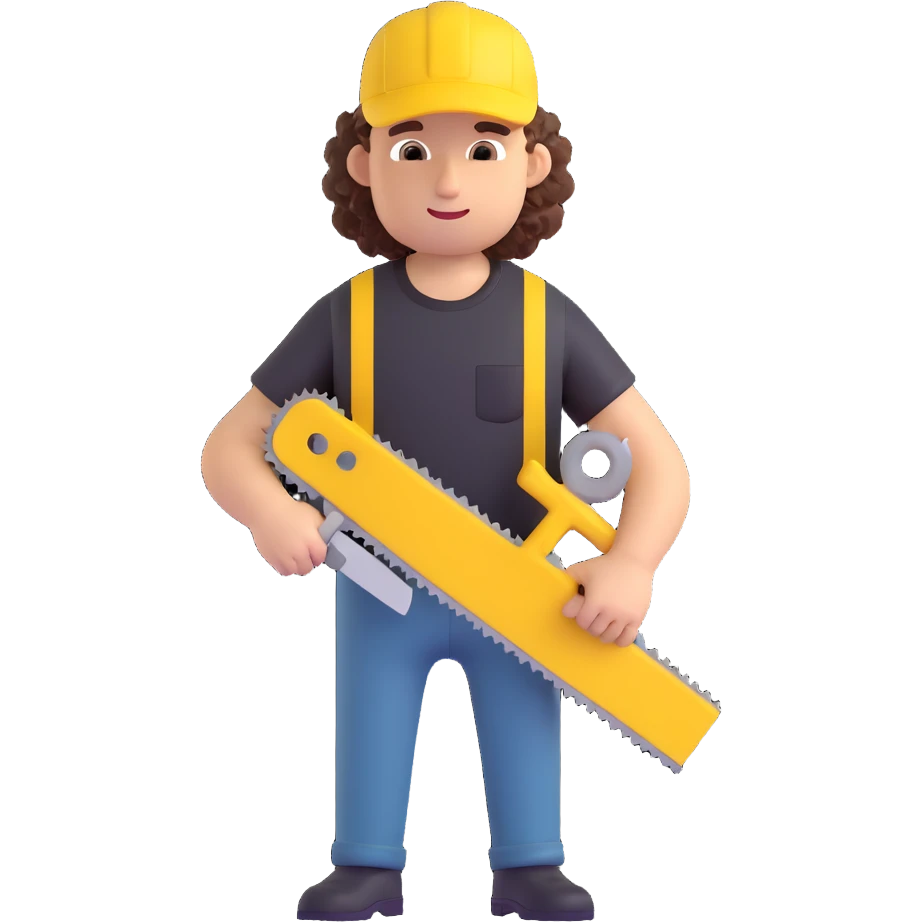 create a character with a saw, cute guy, curly, in a black t-shirt and a yellow cap, in 3d emoji