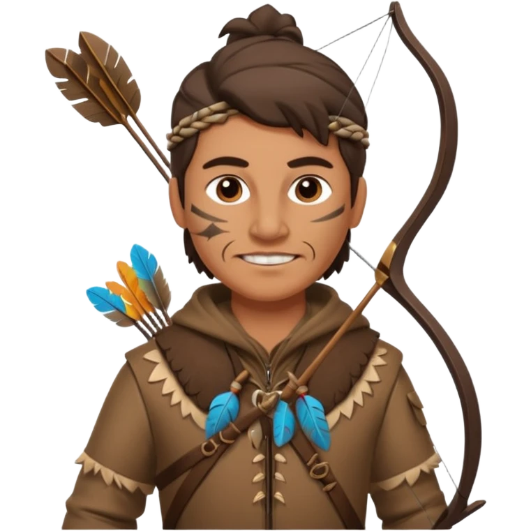 A classic middle-aged hunter with a bow and arrow on his back, dressed in brown clothes and decorated with feathers or bone teeth emoji