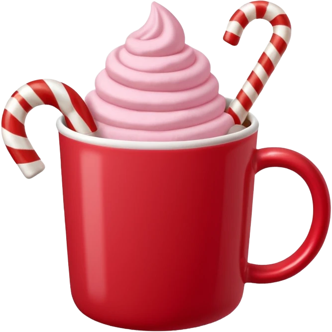 hot chocolete with pastel pink marshmallows in red christmas mug and candy cane, trendy aesthetic emoji