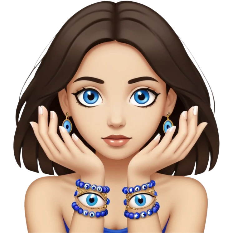 a brunette girl with light skin that wears a lot of evil eye bracelets emoji