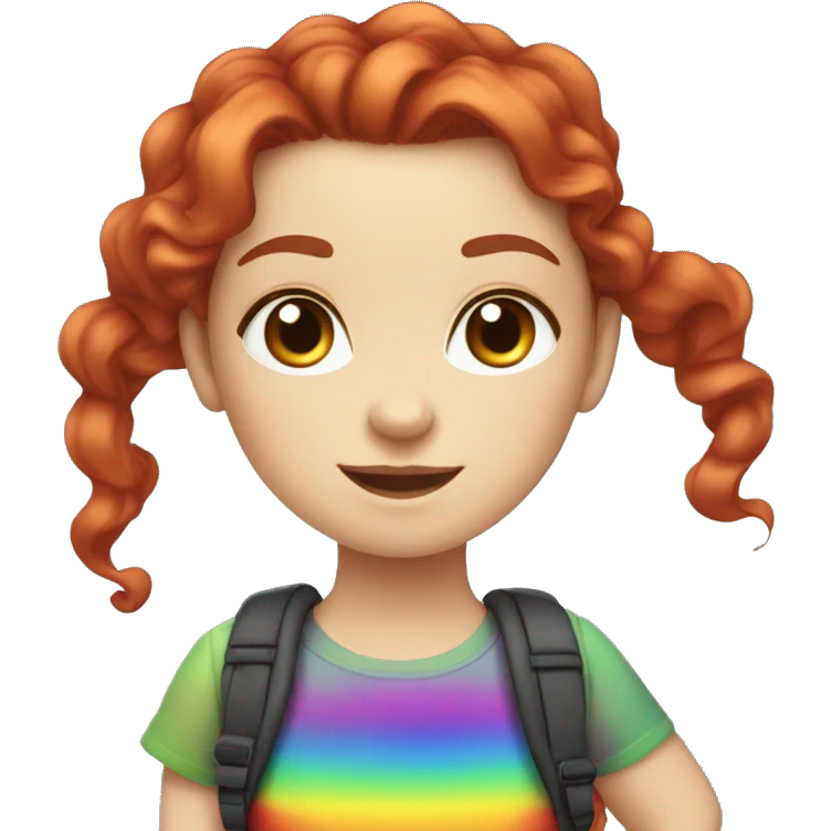 a white girl with long red curly hair in a pony tail with rainbow shirt being cute emoji