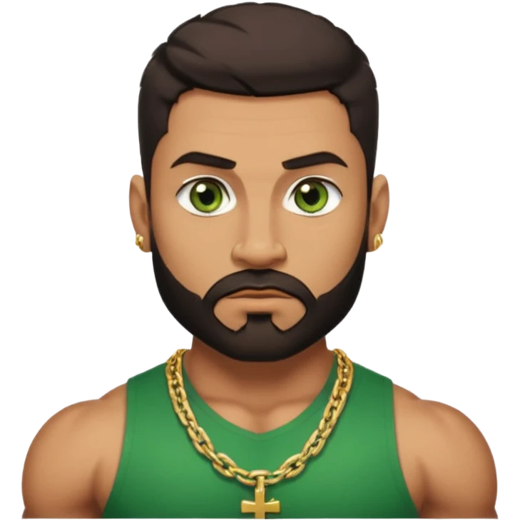green eyes, dark short hair, muscular shoulders, wide cross, gold chain, big lips big nose big eyes, masculine good looking, dark beard, muscular strong looking emoji