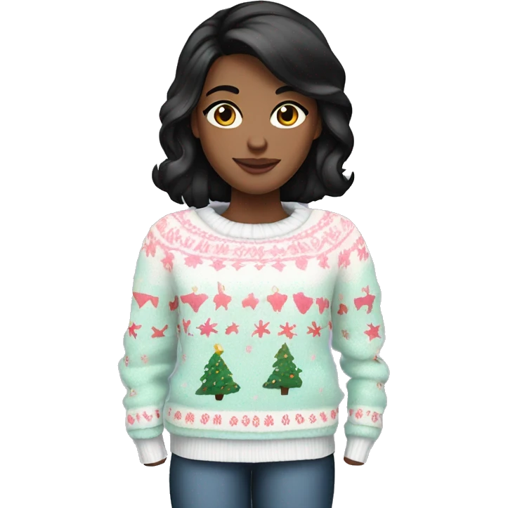 White girl black hair wearing a Pastel Christmas sweater emoji