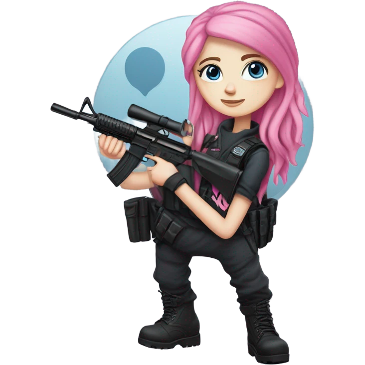 girl, white skin, tactical vest, dark pants, long pink hair, blue eyes, black beanie hat with crescent moon on front, black combat boots, gun, full body emoji