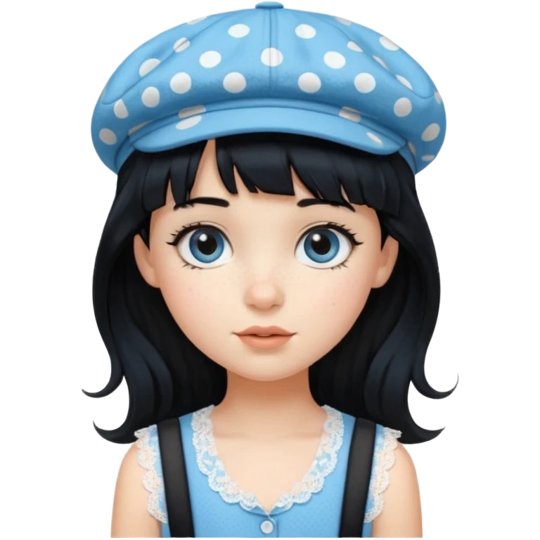 pinterst girl with heavy bang, black long hair and black pica dot newsboy cap on her hat, wearing baby blue color lace sleeveless  emoji