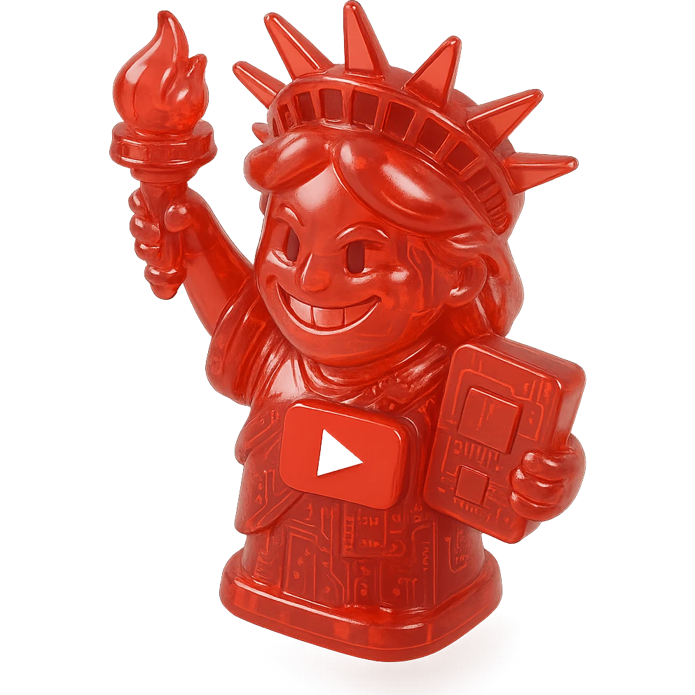 red Statue of Liberty with a playful sarcastic grin, red YouTube play button, glossy circuit style emoji