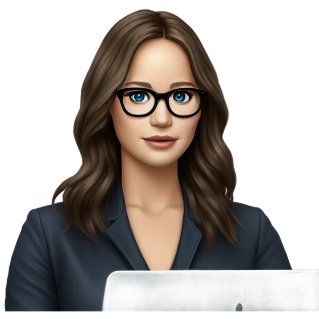 Hyper Realistic Photo of Brunette Jennifer Lawrence wearing black glasses and blue eyes  on a laptop  emoji