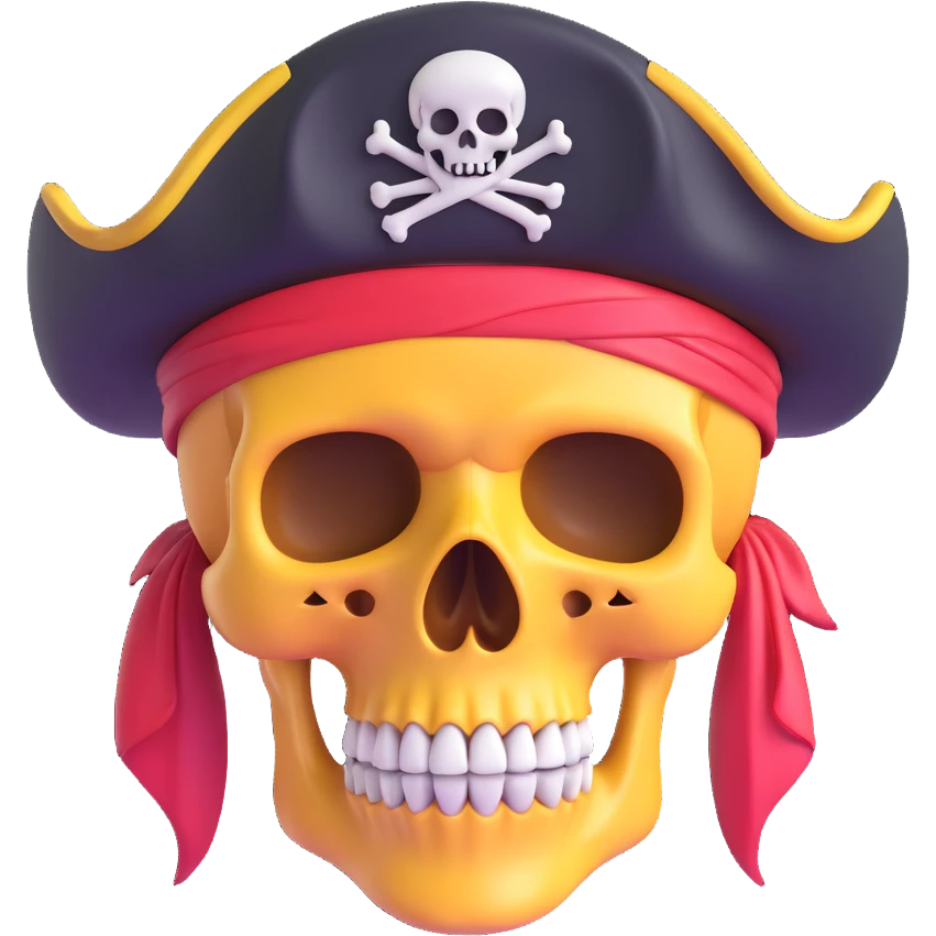 skull with mind blown effect, wearing a pirate hat, 3D emoji style emoji