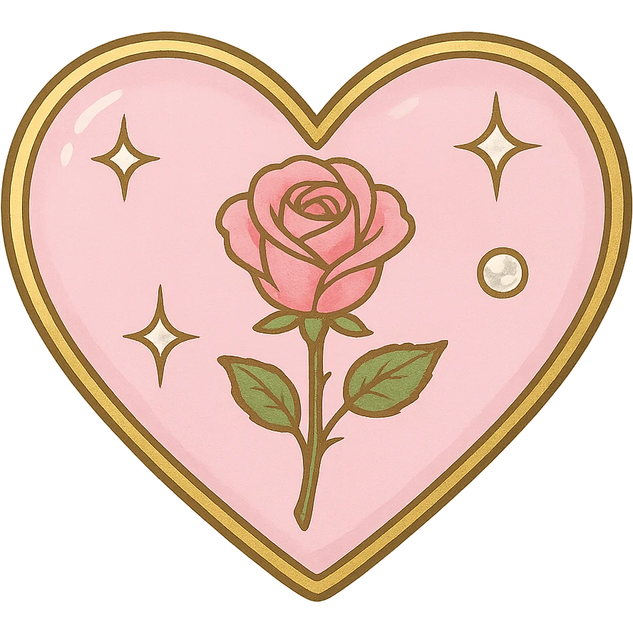 single rose pink heart, pastel pink enamel, sparkling gems, with a gold outline emoji