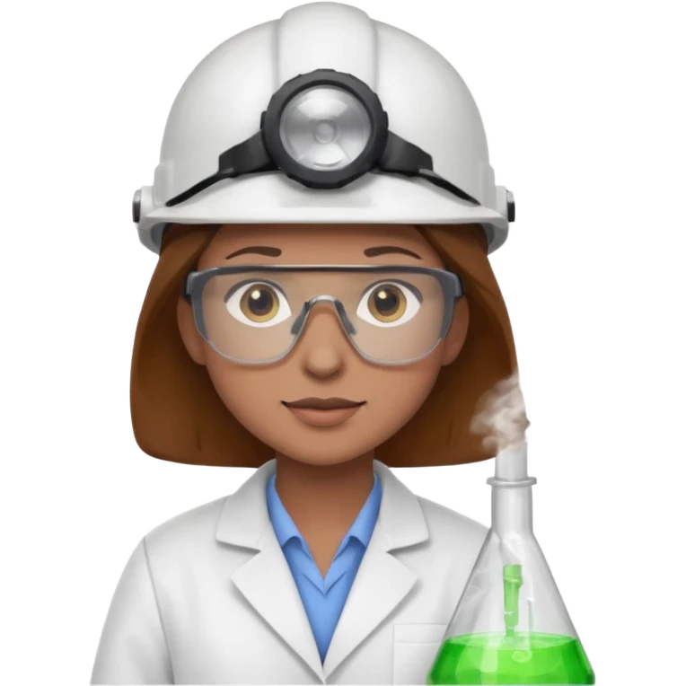 Ingeniera quimica con delantal, casco de seguridad y gafas de seguridad, castaña de ojos claros emoji