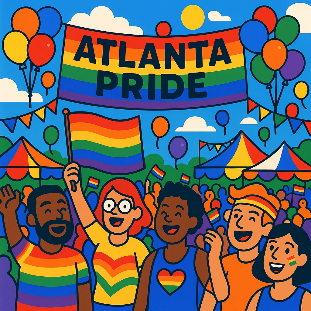 Cartoon-style Atlanta Pride festival with festive decorations, balloons, and happy crowds emoji