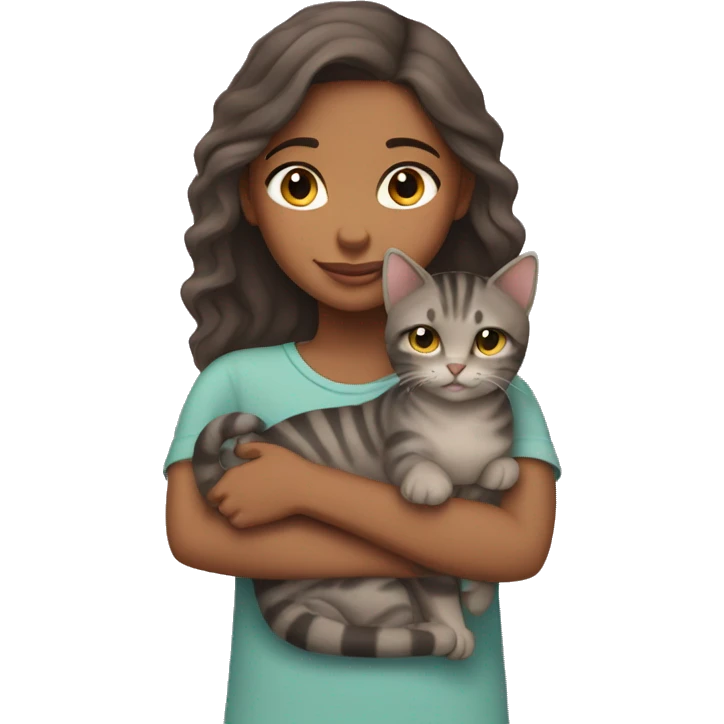 brownskin girl cuddling one gray tabby cat emoji