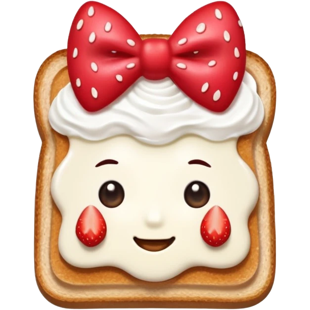 square toast topped with fluffy white cream, decorated with a strawberry bow made from two strawberry center, bright red and glossy emoji