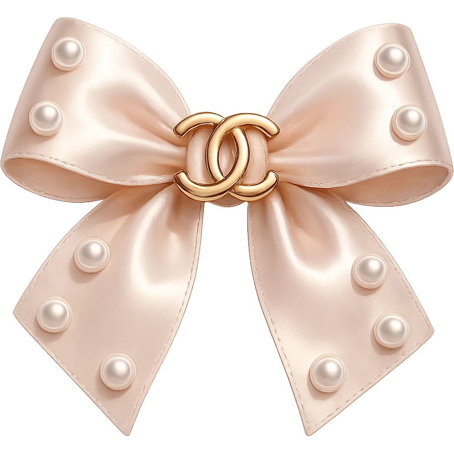 Remove the background, keep only the elegant bow with pearls and gold Chanel logo, glossy, pastel colors, realistic style, with no background. emoji