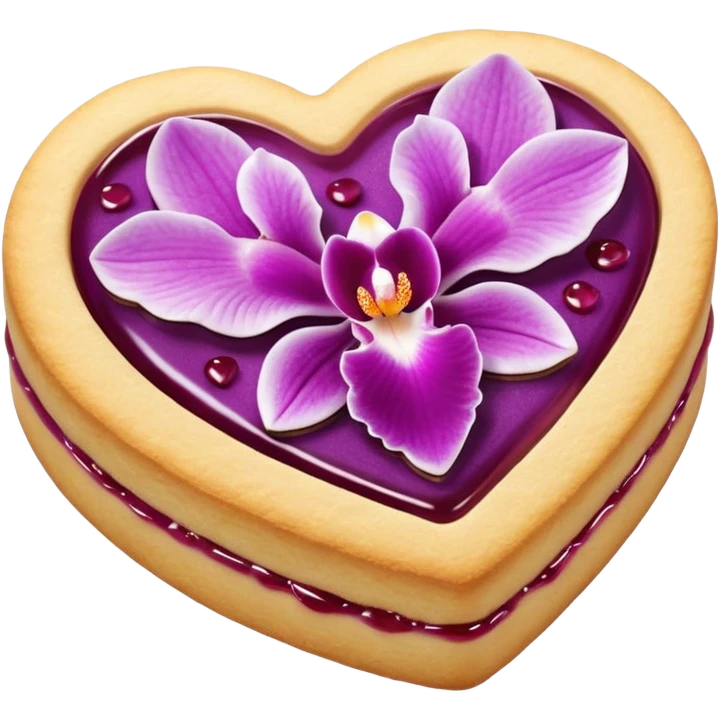 Realistic shortbread cookie in the shape of a heart with orchid color jelly middle filling and sprinkled powder sugar on top. emoji