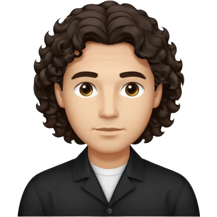 He’s a man with light to medium skin, a defined oval face, full brows, deep-set eyes, and voluminous wavy to curly dark brown hair styled with height. expression calm and focused relaxed black open-collar shirt.polished, articulate, and professional vibe. emoji