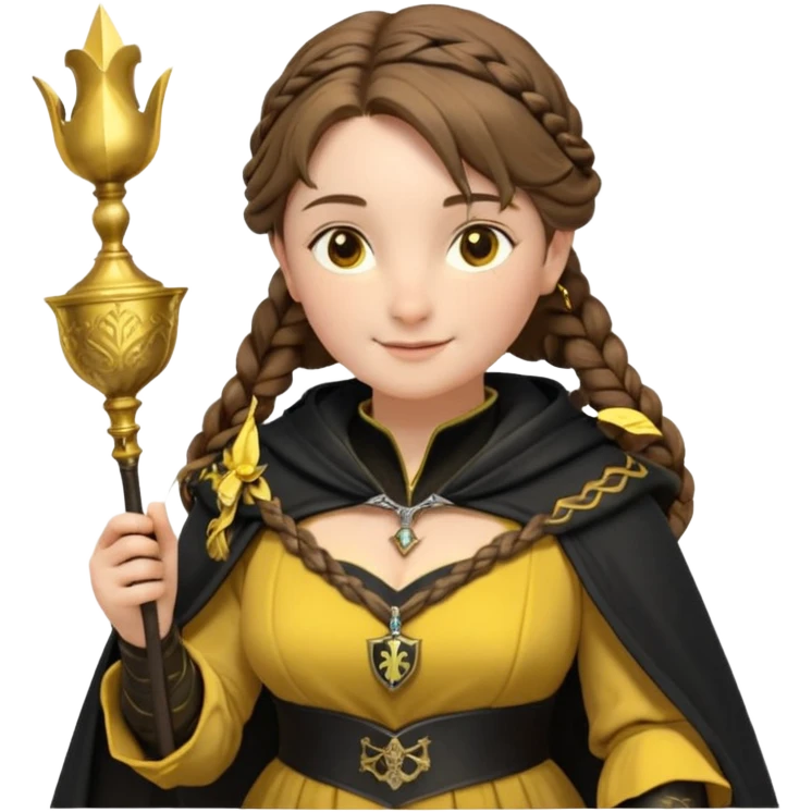 Helga Hufflepuff,the Hogwarts founder of Hufflepuff,brown-haired,2braids,yellow-black medieval dress with black cloak decorated with gold braiding,flickering magic wand and tiny two-handled shiny gold cup engraved with the badger silhouette,very kind smile,curvy busty sweet emoji