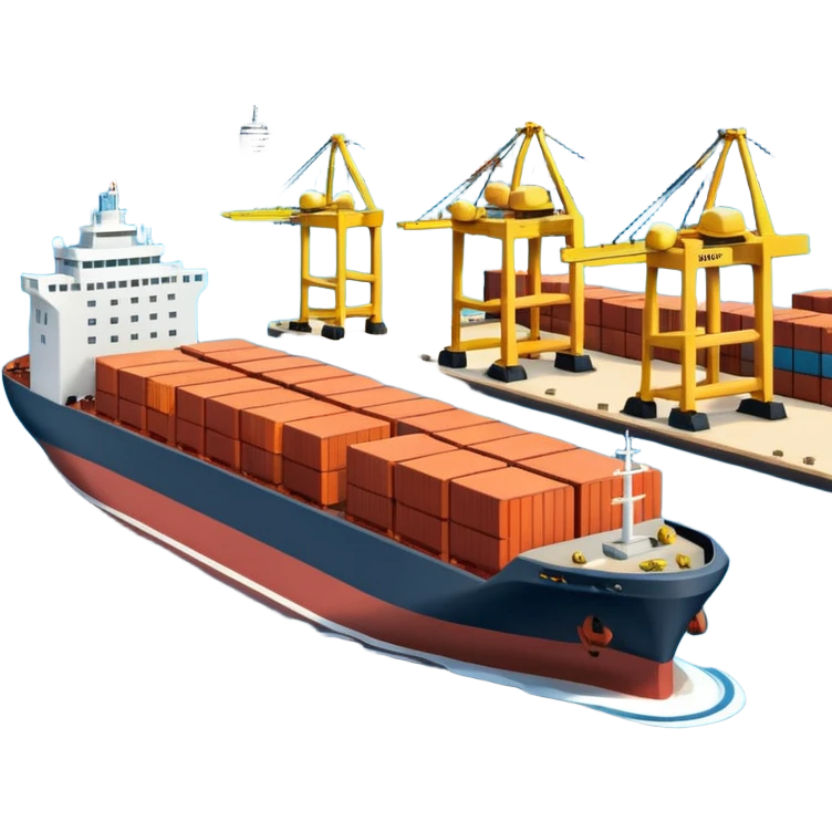 A 3D cartoon cargo or passenger seaport terminal with cranes and ships docked, calm lighting, Memoji-style realism. emoji