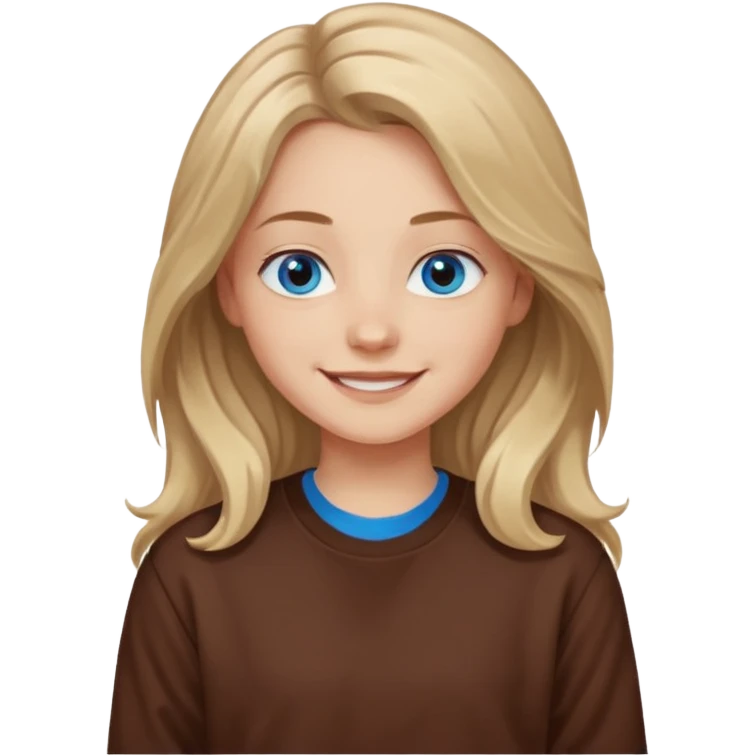 ЗГЕНЕРУЙ ОБЛИЧЧЯ ДІВЧИНИ З СВІТЛИМ, ТРОХИ ХВИЛЯСТИМ ВОЛОССЯМ, ОДЯГНЕНУ В ШОКОЛАДНИЙ СВІТШОТ, ПІД НИЗОМ ВИДНО  БІЛУ ФУТБОЛКУ. В НЕЇ ГОЛУБІ ОЧІ ТА ДОВГЕ ВОЛОССЯ, ВОНА УСМІХНЕНА emoji