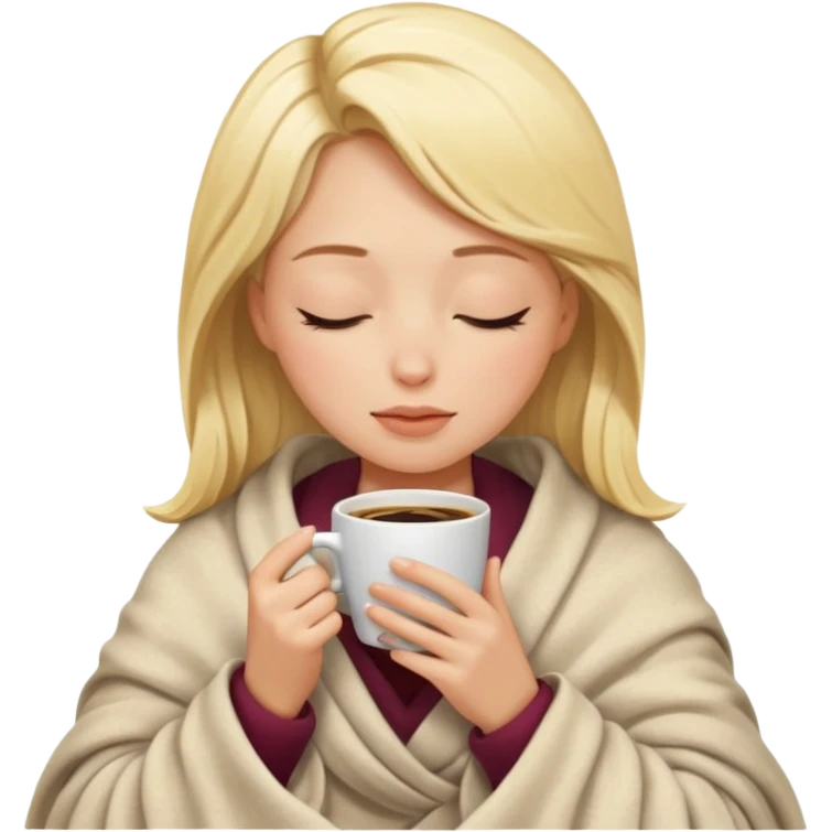 girl blonde inside a blanket sipping coffee eyes closed emoji