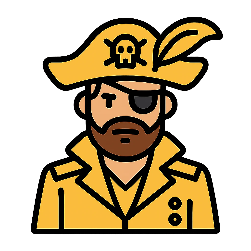 a pirate in a golden uniform and a hat with a golden feather, color outline icon style emoji