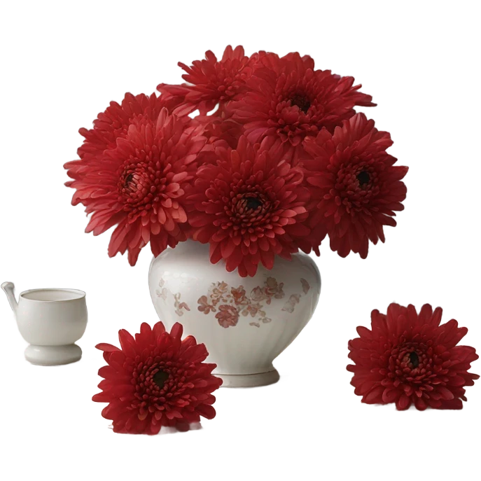 A Victorian oil painting of red chrysanthemums in a delicate porcelain vase on a lace-covered table. emoji