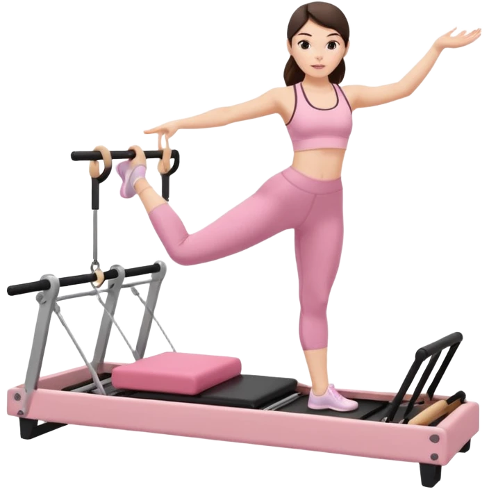 white brunette girl in light pink workout clothes doing pilates on a reformer emoji