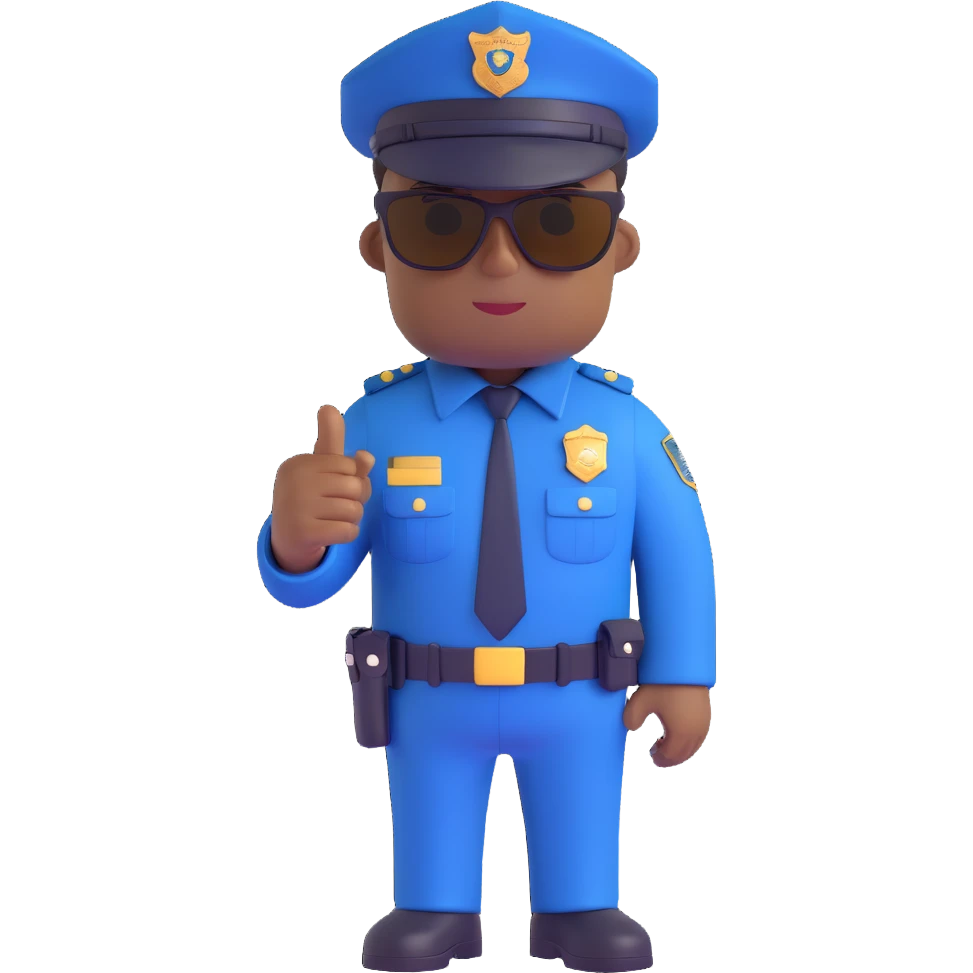 black police officer in a dark blue uniform, brown sunglasses, no hat, simple background emoji