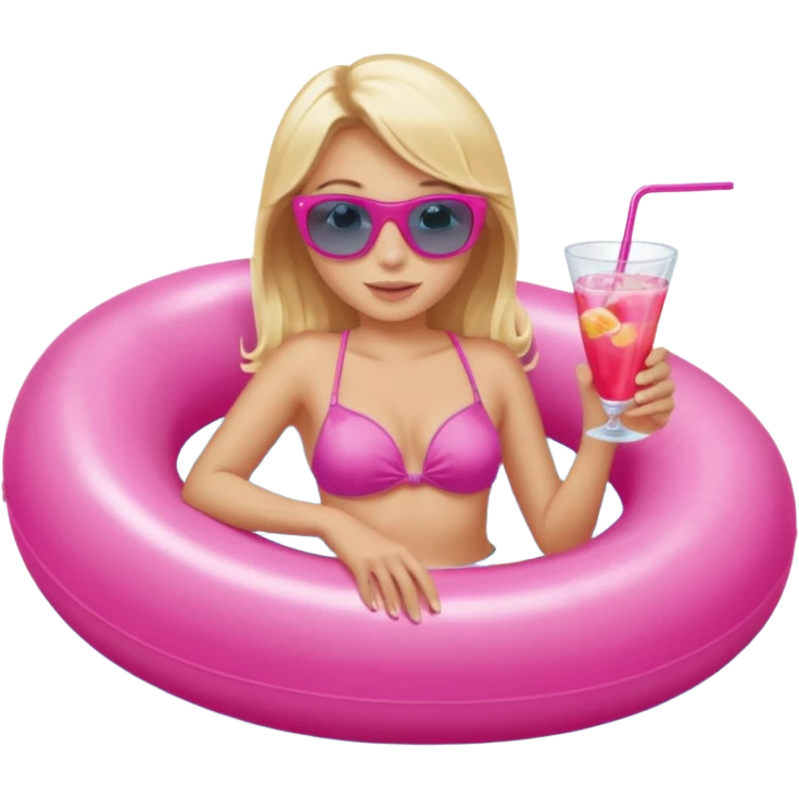 woman with blonde hair and blue eyes sitting in pink pool tube in a pool sipping a drink emoji