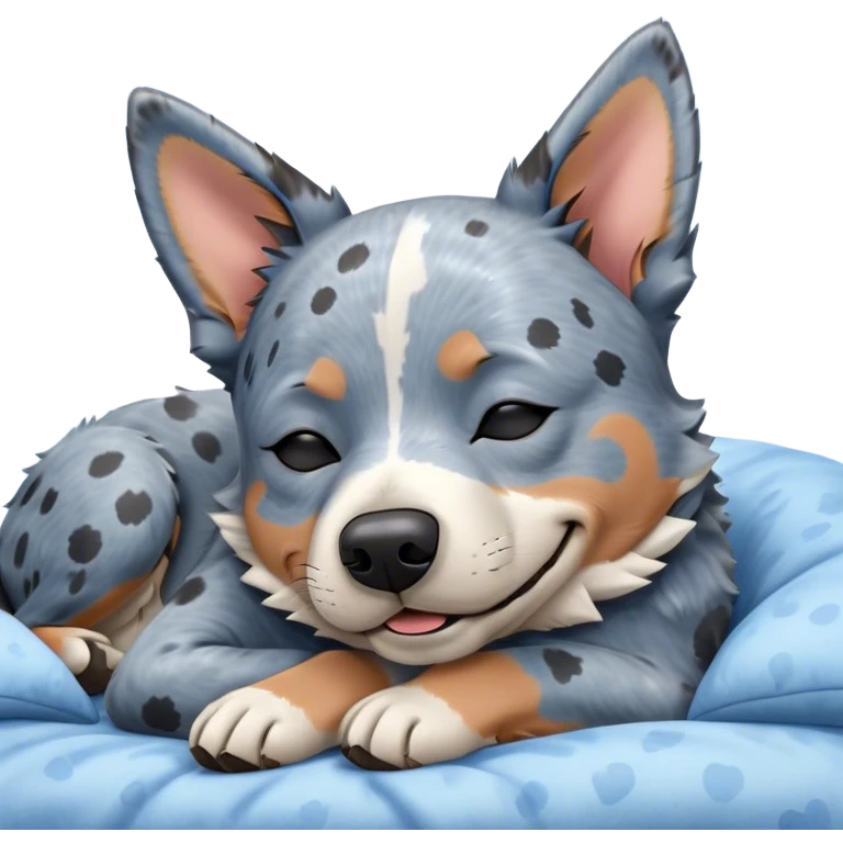 Meme-Worthy Cute Sleeping Blue Speckle Australian Cattle Dog Portrait Emoji, Head resting peacefully with a contented smile, showcasing a robust build and a luxuriously soft blue speckle Fur, eyes shut in a serene nap, Simplified yet hilariously adorable features, highly detailed, glowing with a soft, drowsy light, high shine, relaxed and utterly lovable, stylized with an air of playful laziness, bright and heartwarming, soft glowing outline, capturing the essence of a comically sleepy herder, so meme-worthy it feels like it could instantly become the next viral sensation of adorable slumber! emoji