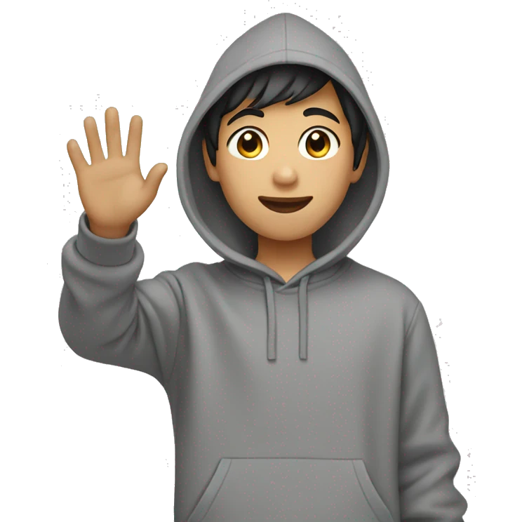 asian boy in grey hoodie waving emoji