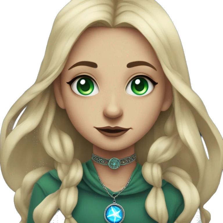 blonde witch girl with green eyes and straight hair with a birthmark above her upper lip wearing a necklace in a form of pentacle with a small blue stone inside doing tarot spread  emoji