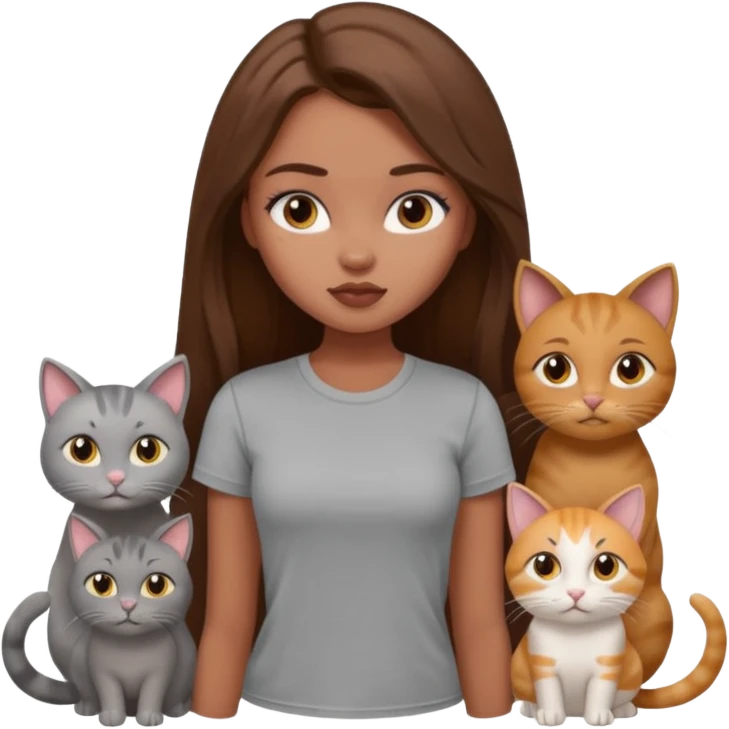 a pretty bratz dusky girl with long brown hair with four cats nd wearing a grey tshirt emoji
